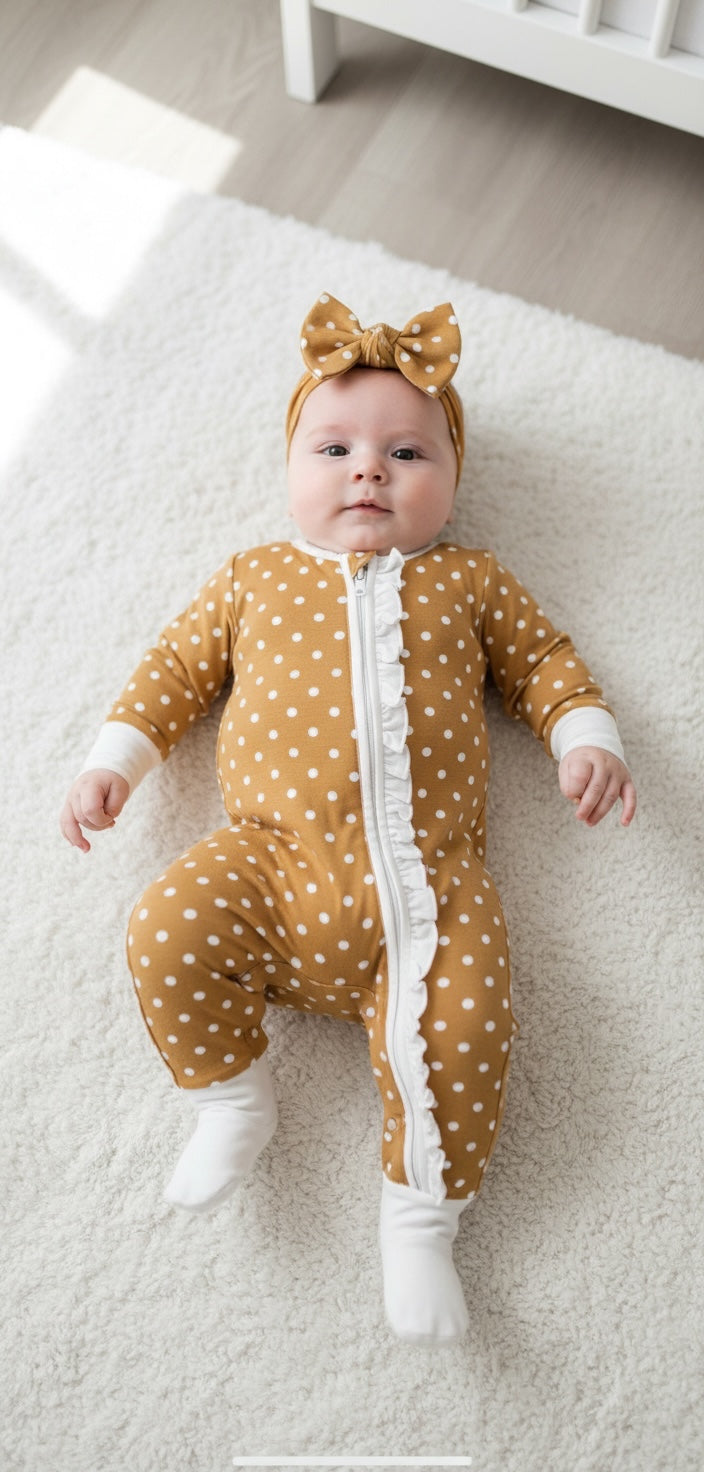 Mustard Polka Dot Ruffle Bamboo Sleeper